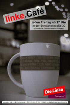 Foto mit Kaffeetasse, Logo des linke.Cafés und Informationen zu Zeit und Ort